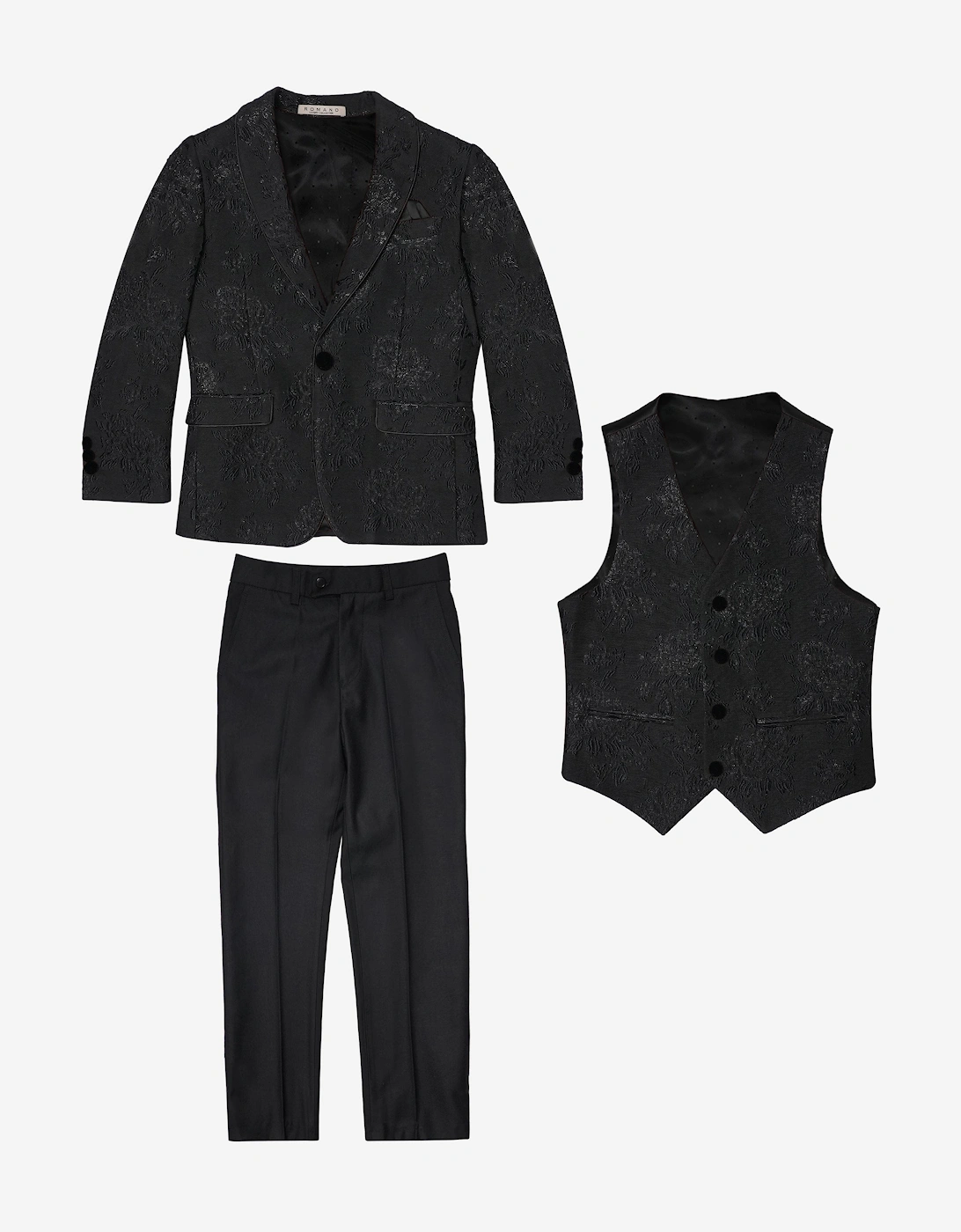 Romano Boys Shawl Collar Jacquard 3 Piece Suit in Black