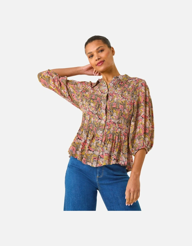 Shirred Printed Front Button Blouse