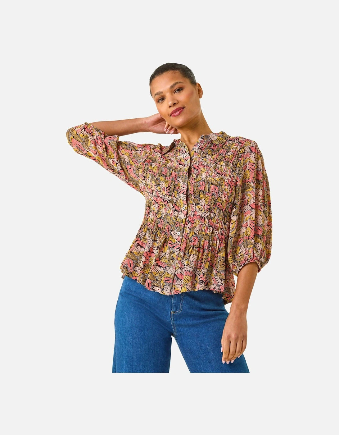 Shirred Printed Front Button Blouse, 2 of 1