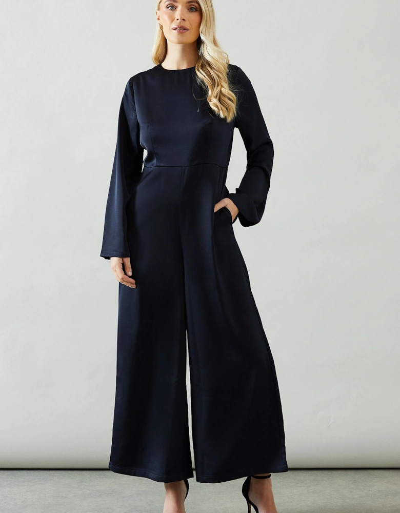 Petite Trumpet Sleeve Wide Leg Crepe Jumpsuit