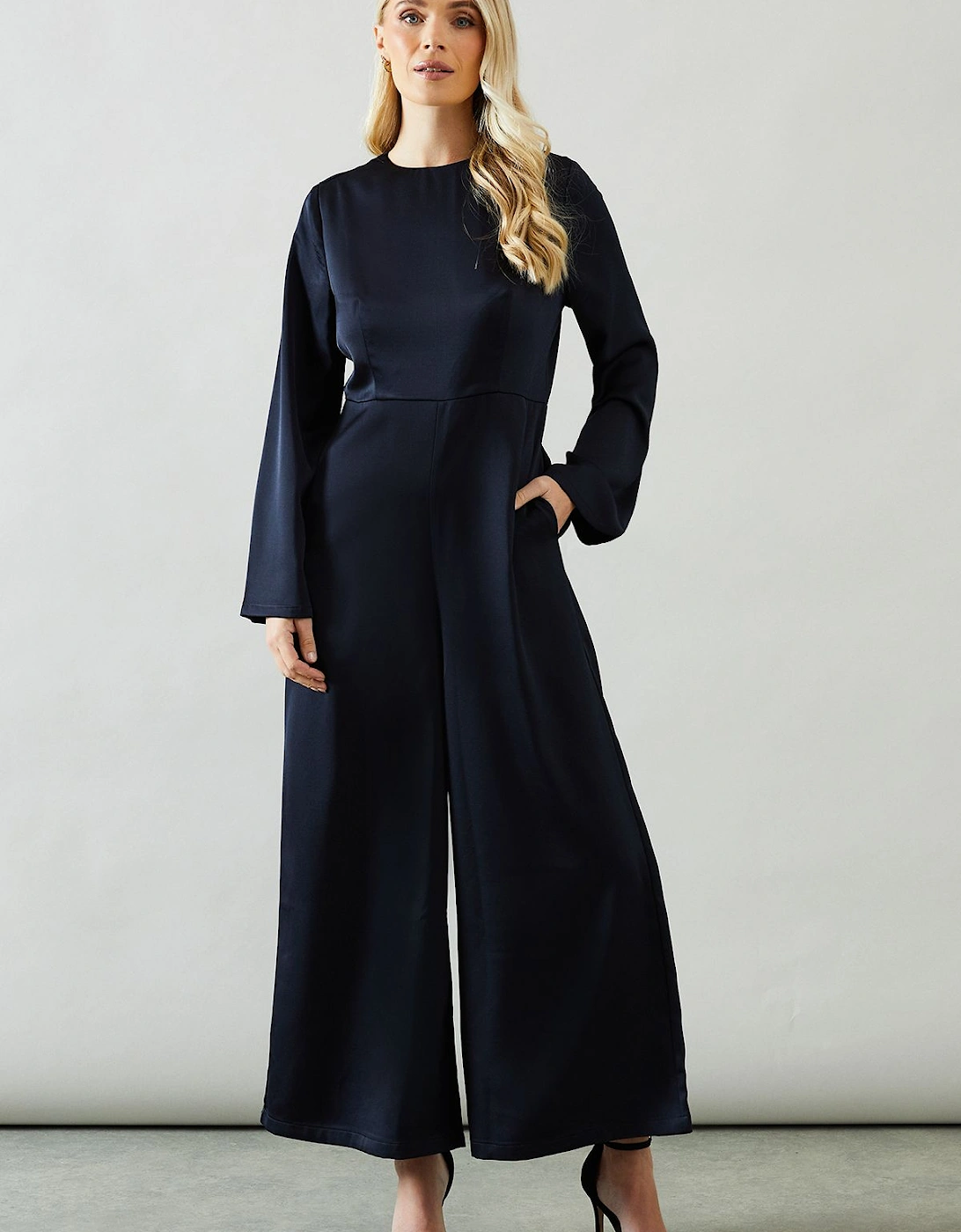 Petite Trumpet Sleeve Wide Leg Crepe Jumpsuit, 2 of 1
