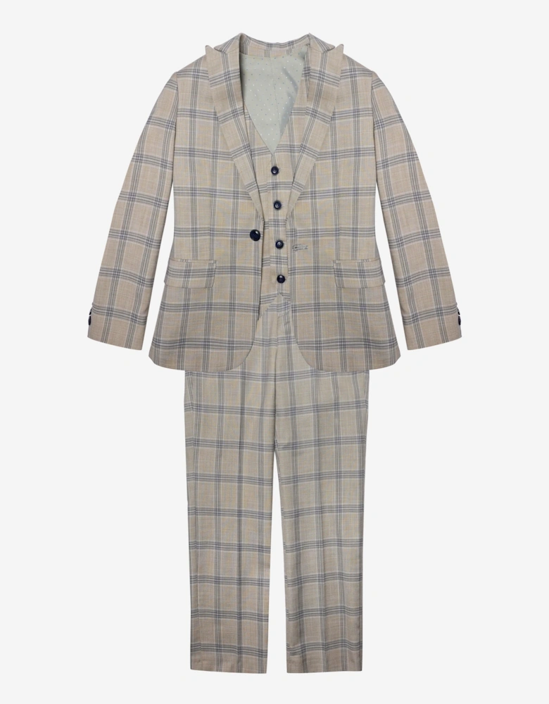 Romano Boys Check 3 Piece Suit in Beige