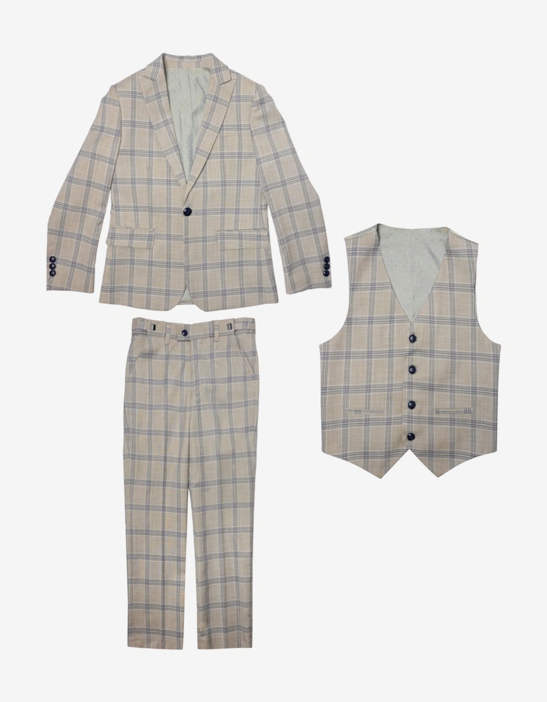 Romano Boys Check 3 Piece Suit in Beige