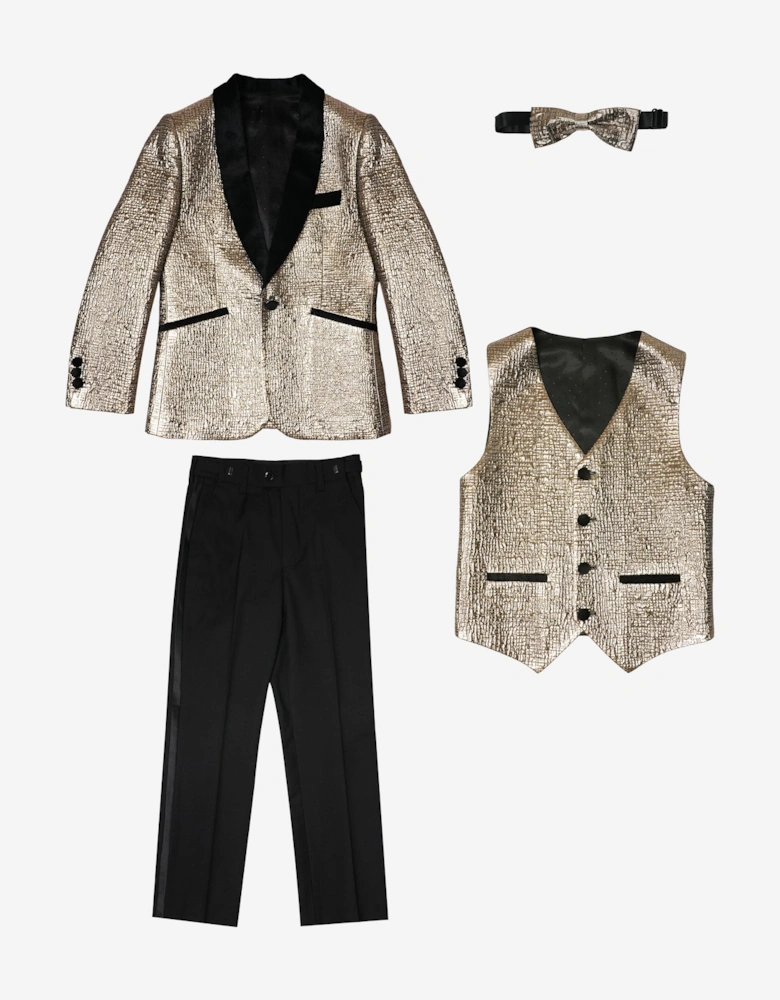 Romano Boys Velvet Shawl Collar 4 Piece Suit in Gold