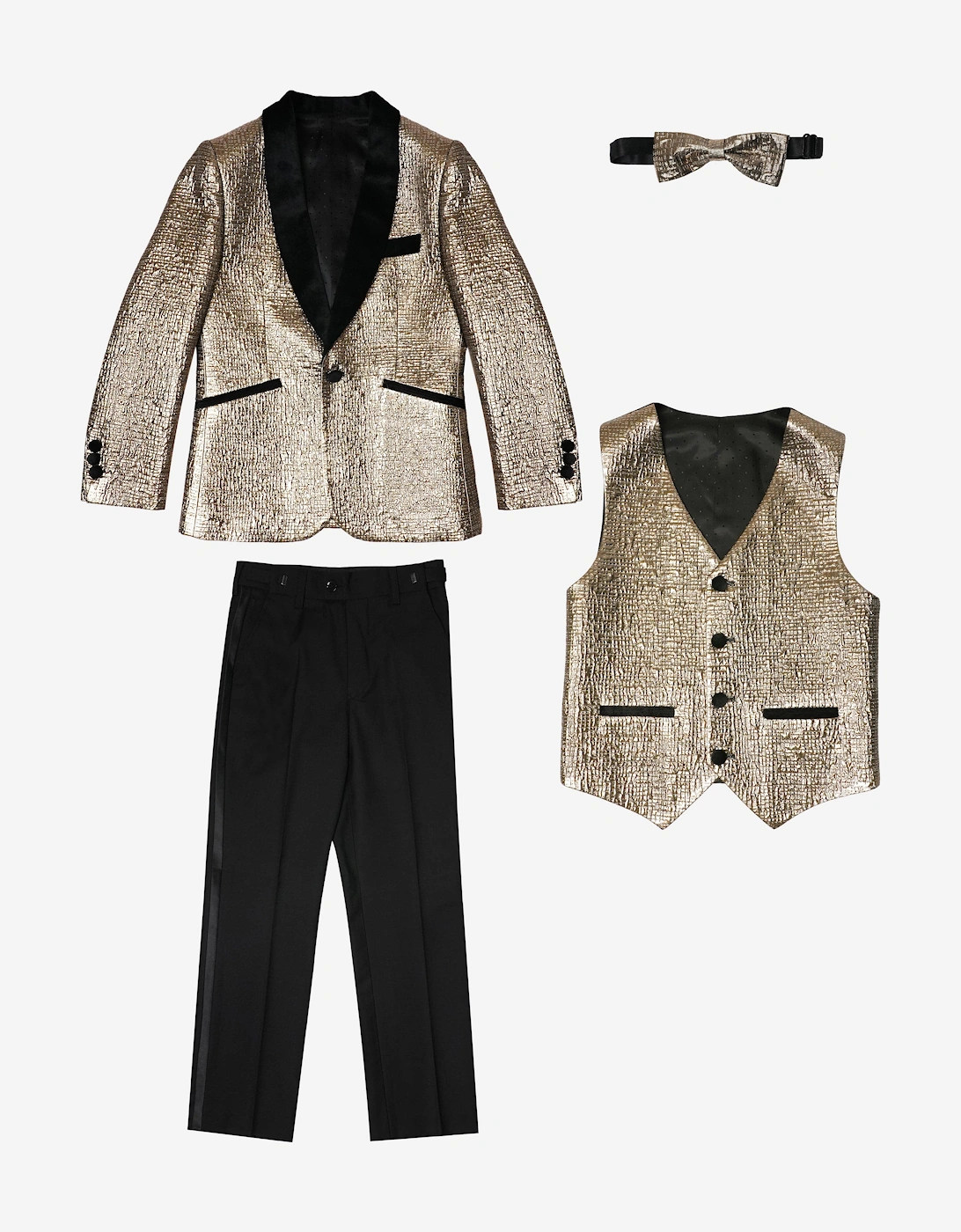 Romano Boys Velvet Shawl Collar 4 Piece Suit in Gold