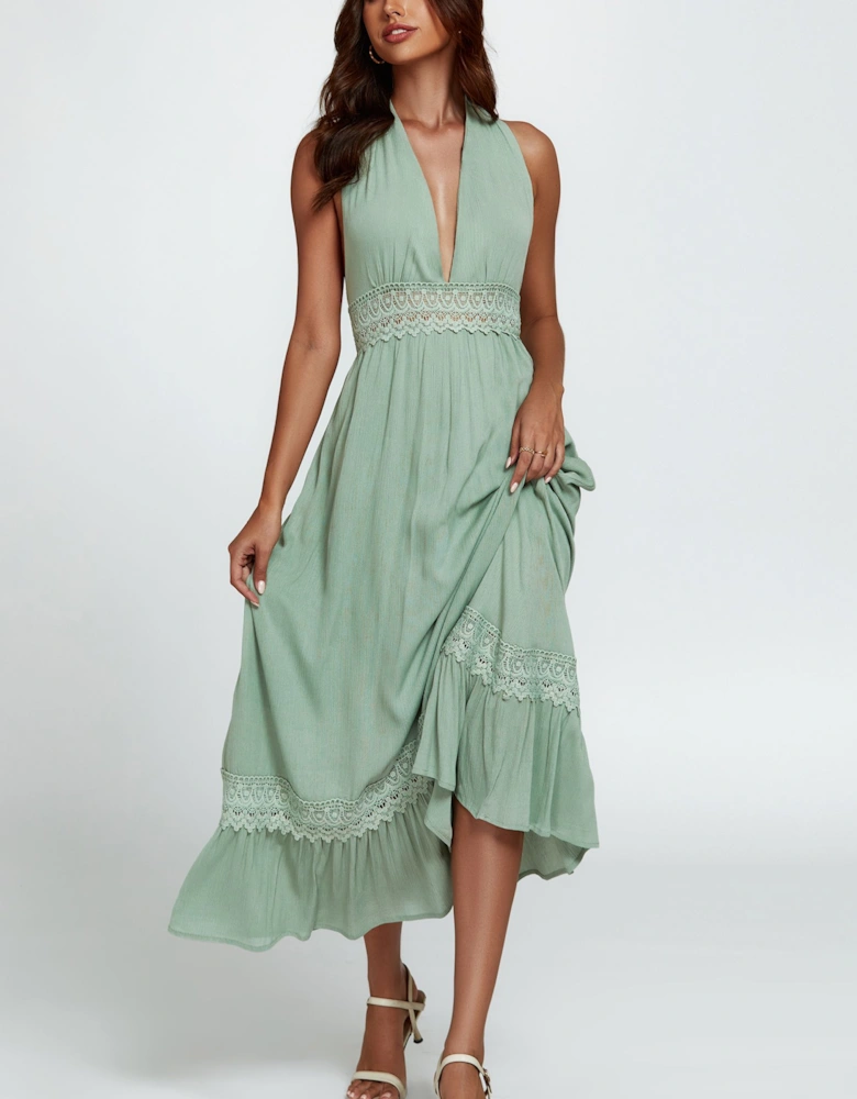Lace Detail Adjustable Deep V Neckline Maxi Dress