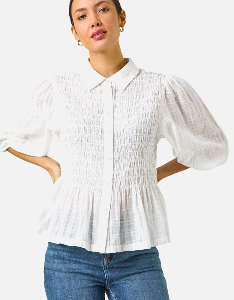 Collar Shirred Button Blouse