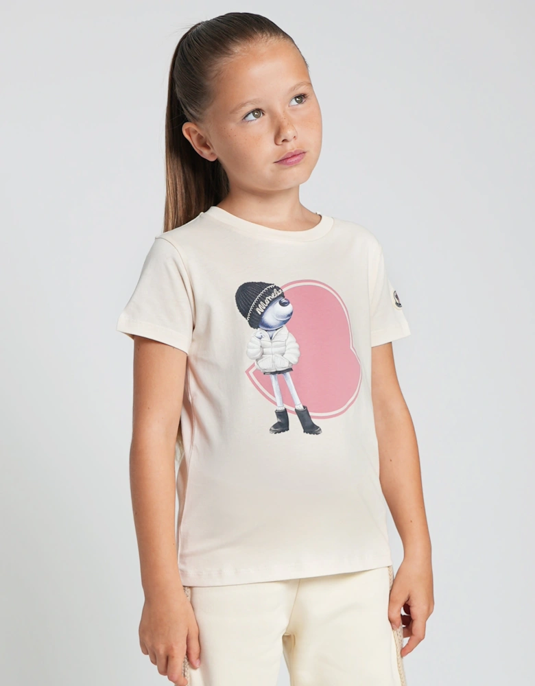 Enfant Girls Bear Motif Logo T-Shirt in Ivory
