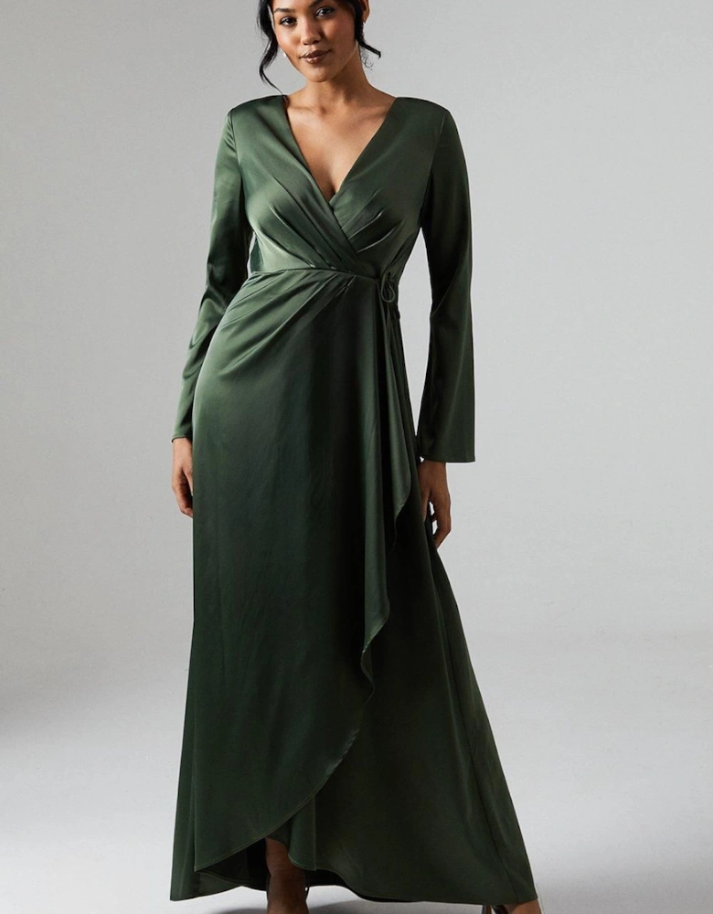 by Coast Long Sleeve Waterfall Detail Satin Bridesmaid Dress