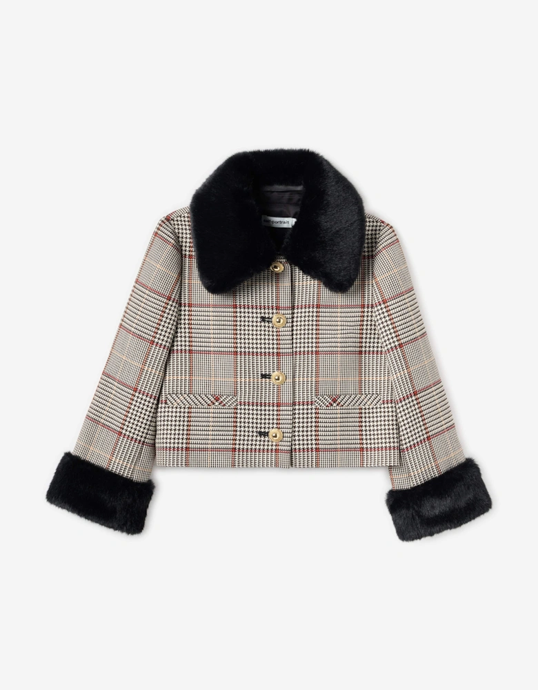 Girls Check Fur Jacket in Brown