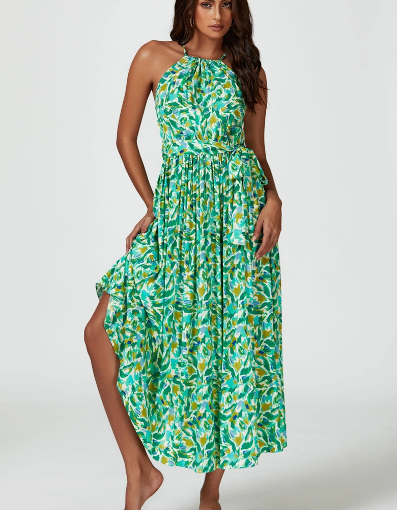 Abstract Print Tie Halterneck Maxi Dress In Green