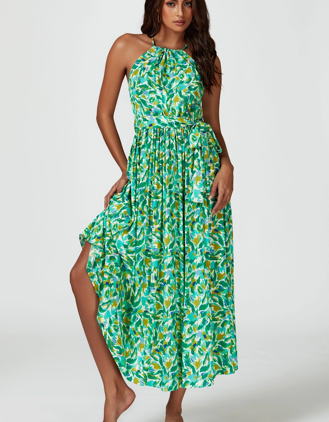 Abstract Print Tie Halterneck Maxi Dress In Green, 2 of 1
