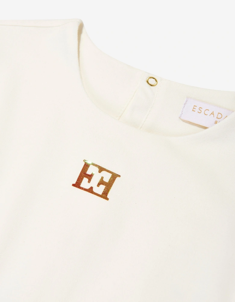 Girls Bi-material Logo Dress in Ivory