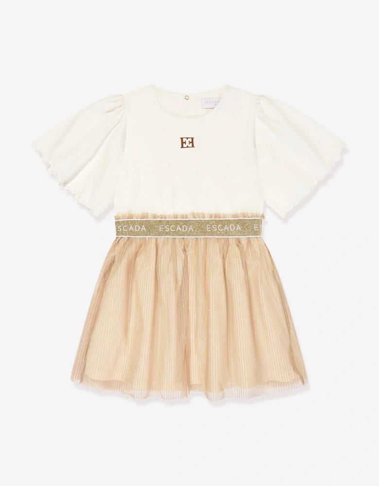 Girls Bi-material Logo Dress in Ivory