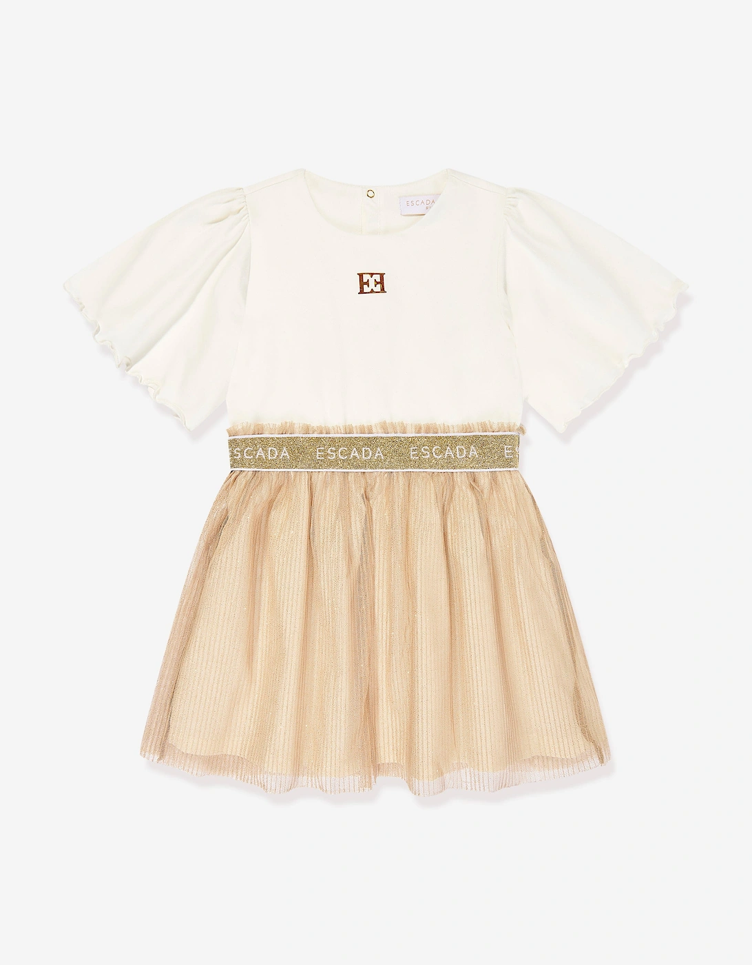 Girl's Escada Girls Bi-material Logo Dress in Ivory - Cream - Size: 14 years