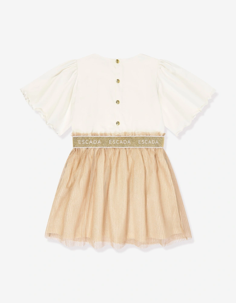 Girls Bi-material Logo Dress in Ivory
