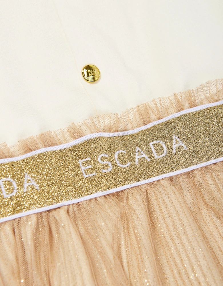 Girls Bi-material Logo Dress in Ivory