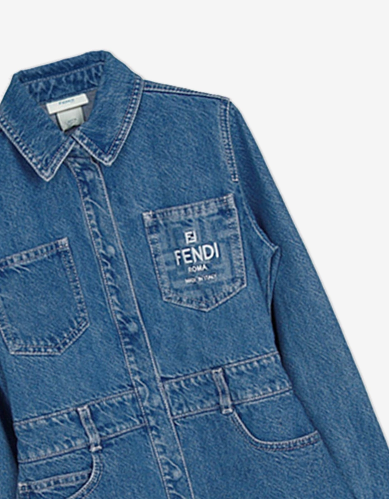 Girls Denim FF Logo Shirt Dress in Blue