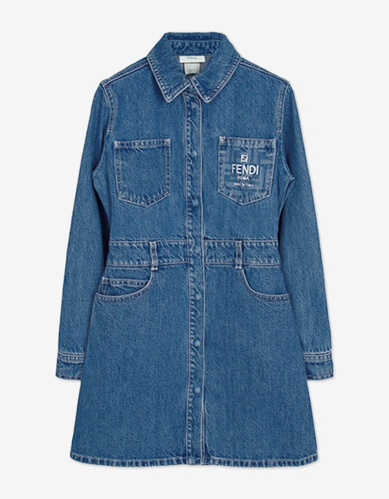 Girls Denim FF Logo Shirt Dress in Blue