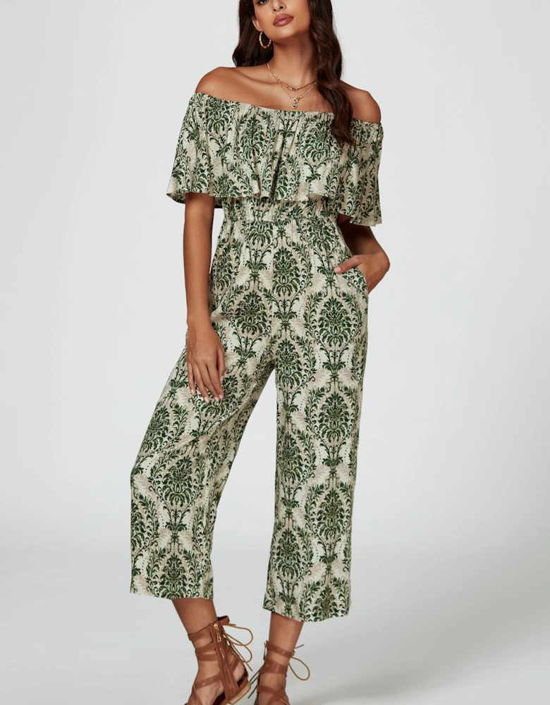 Off The Shoulder Print Frill Jumpsuit In Green