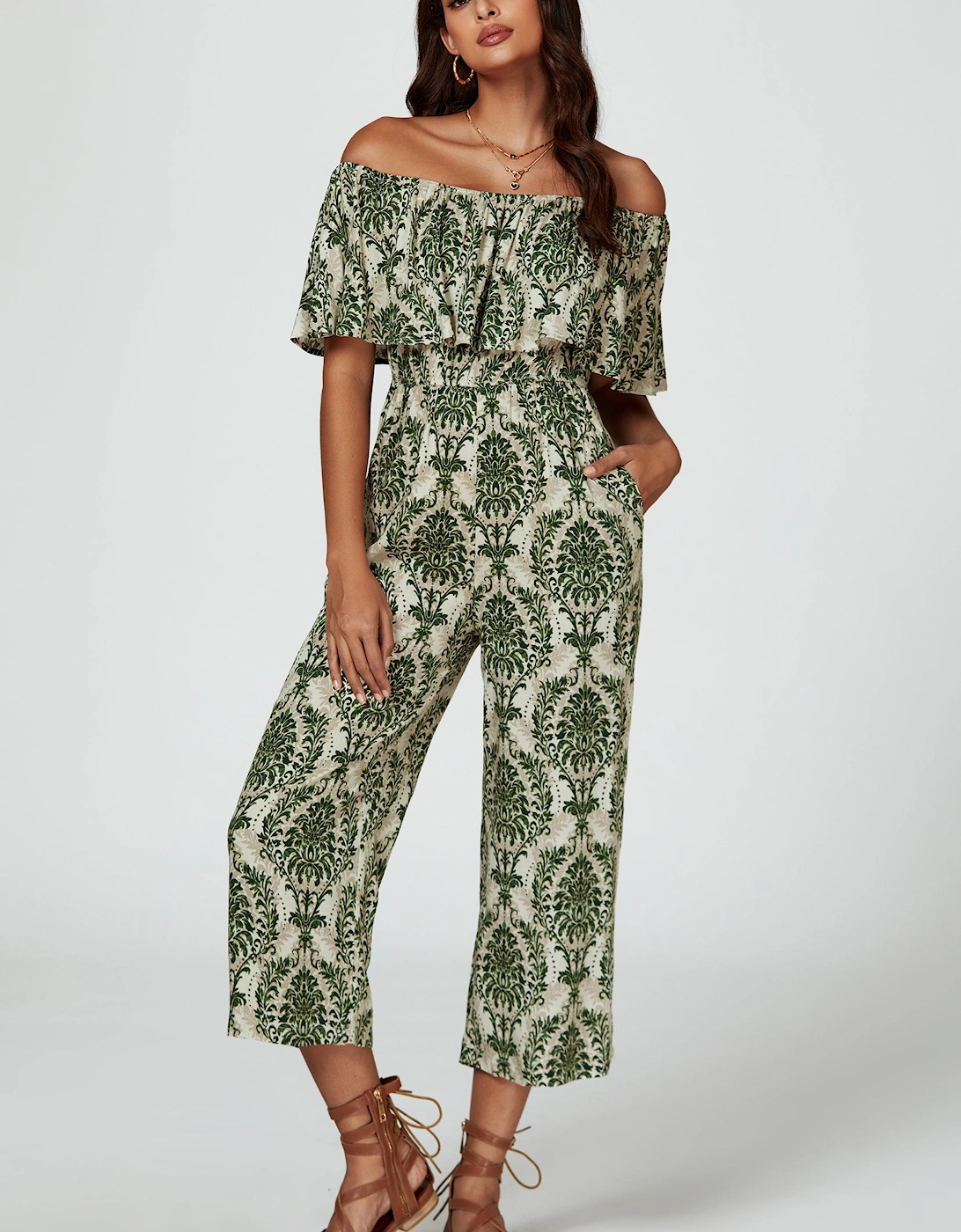Off The Shoulder Print Frill Jumpsuit In Green, 2 of 1