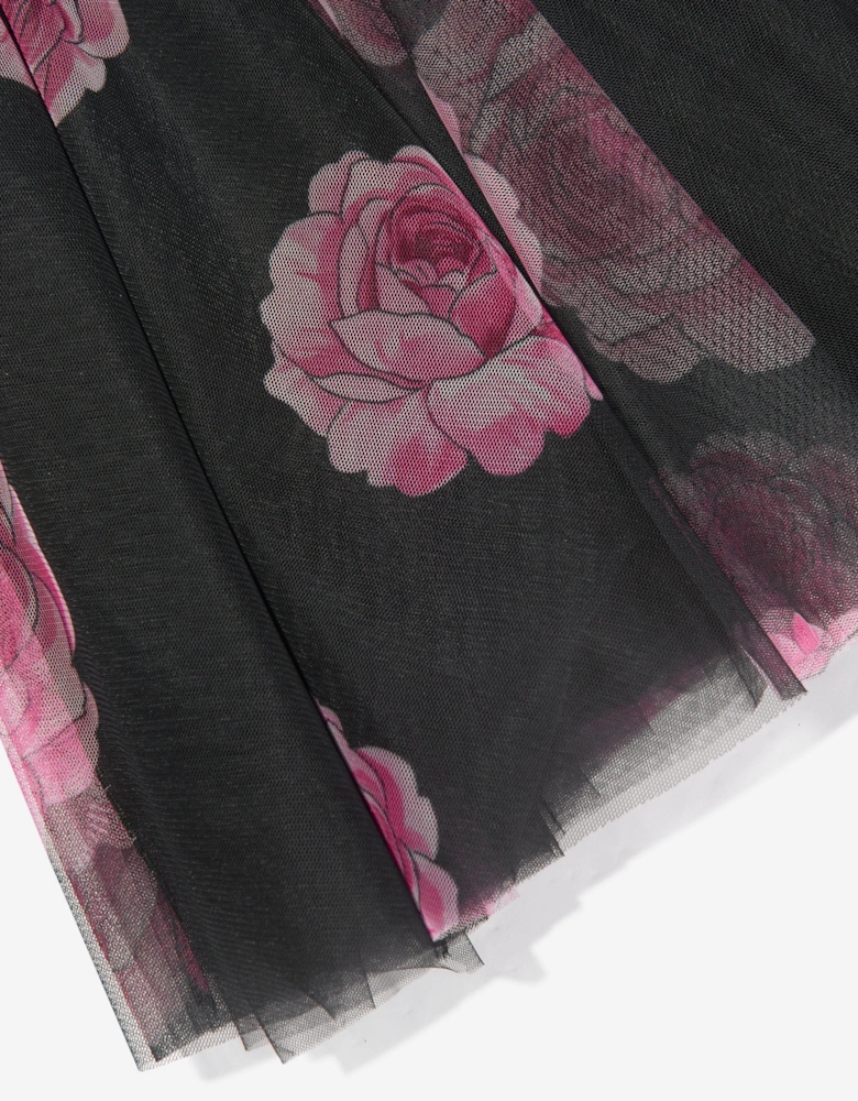 Girls Tulle Flower Print Dress in Black