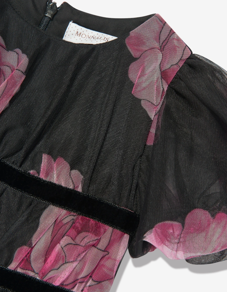 Girls Tulle Flower Print Dress in Black