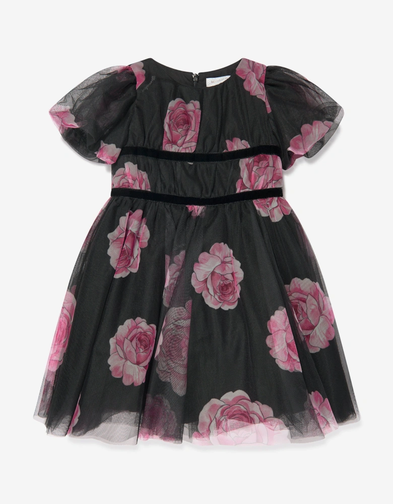 Girls Tulle Flower Print Dress in Black