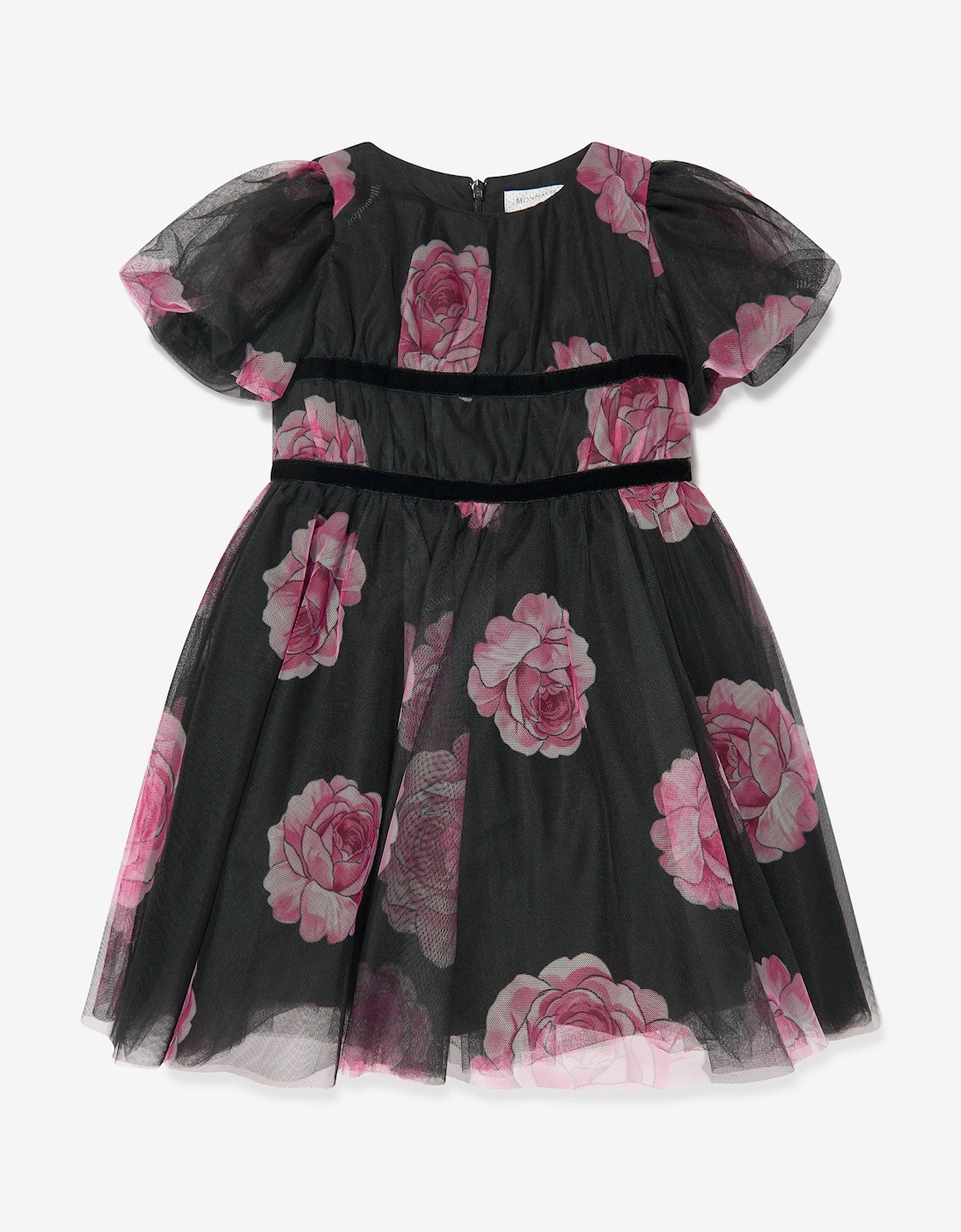 Girls Tulle Flower Print Dress in Black, 5 of 4