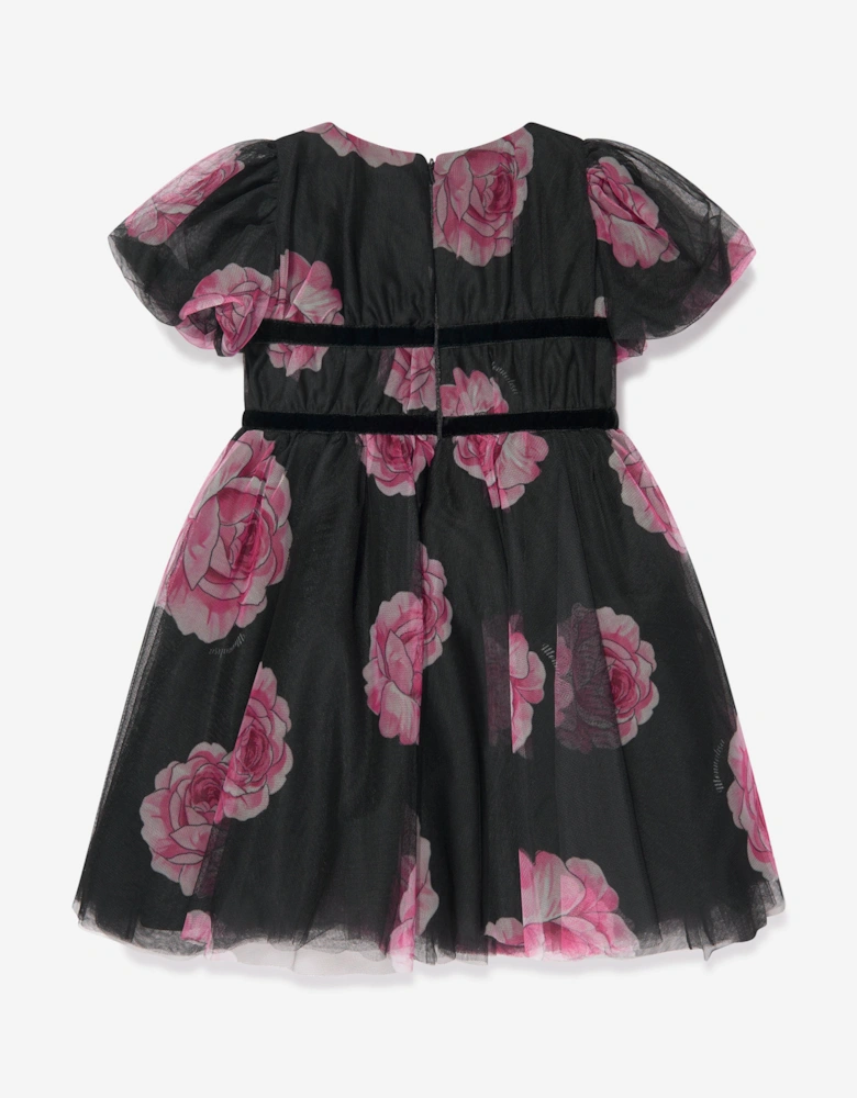 Girls Tulle Flower Print Dress in Black