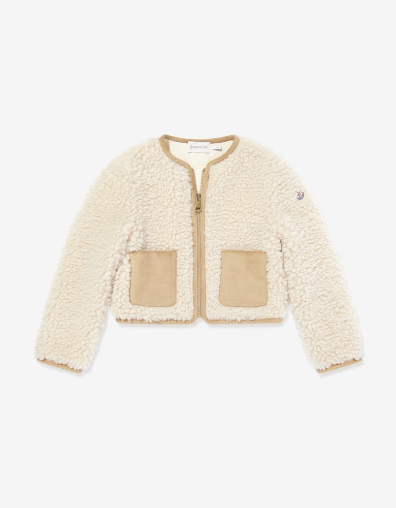 Girls Faux Fur Zip Up Cardigan in Ivory