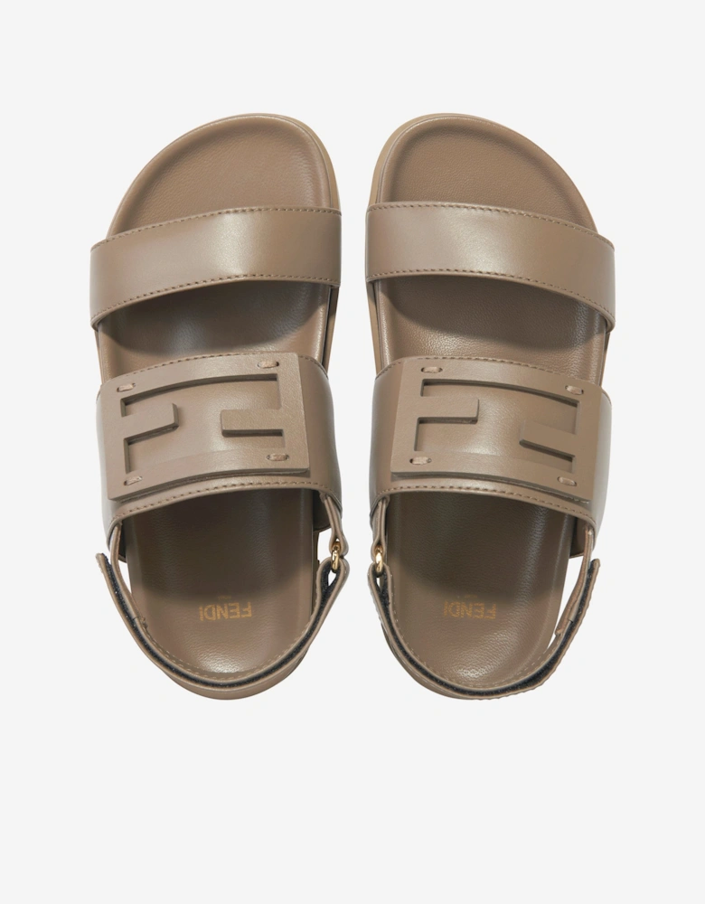 Kids Leather FF Logo Sandals in Beige
