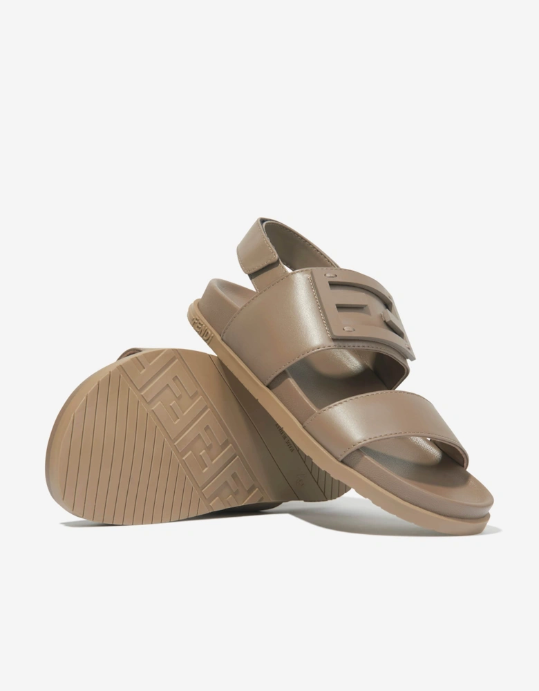 Kids Leather FF Logo Sandals in Beige