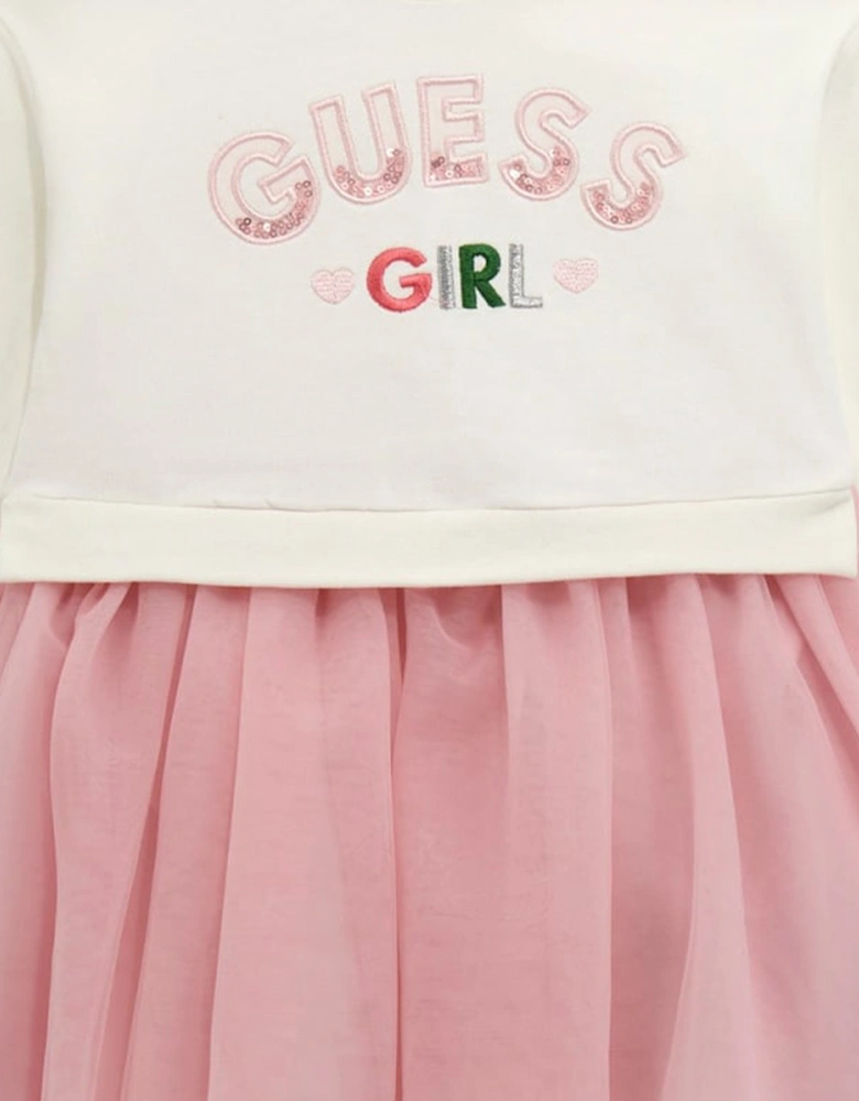 Girls Mixed Fabric Sweater Dress in White