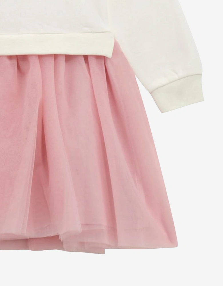 Girls Mixed Fabric Sweater Dress in White