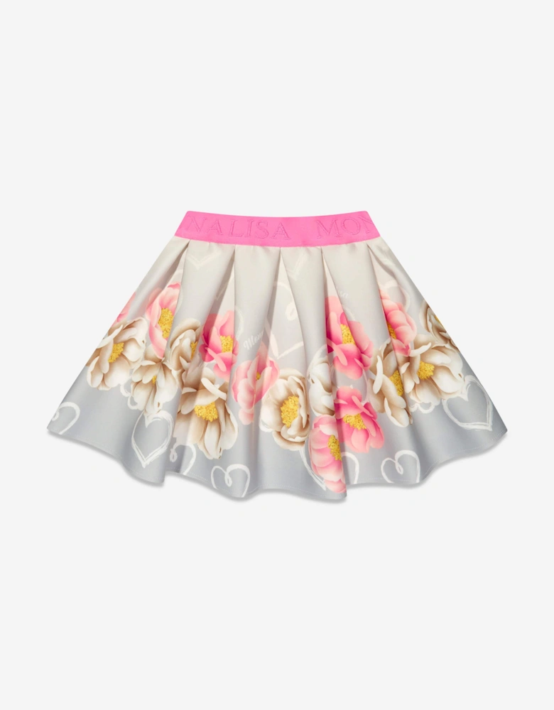 Girls Flower Print Skirt in Grey
