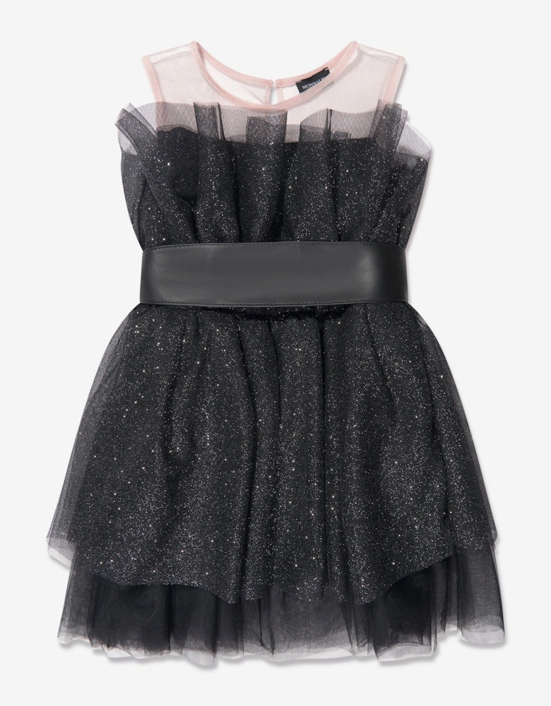Girls Glittery Tulle Mini Dress in Black