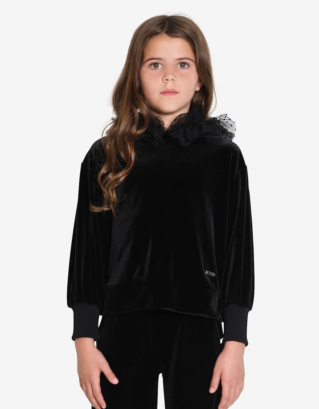 Girls Velvet Tulle Hoodie in Black, 7 of 6