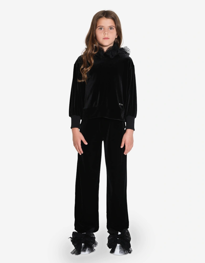 Girls Velvet Tulle Hoodie in Black