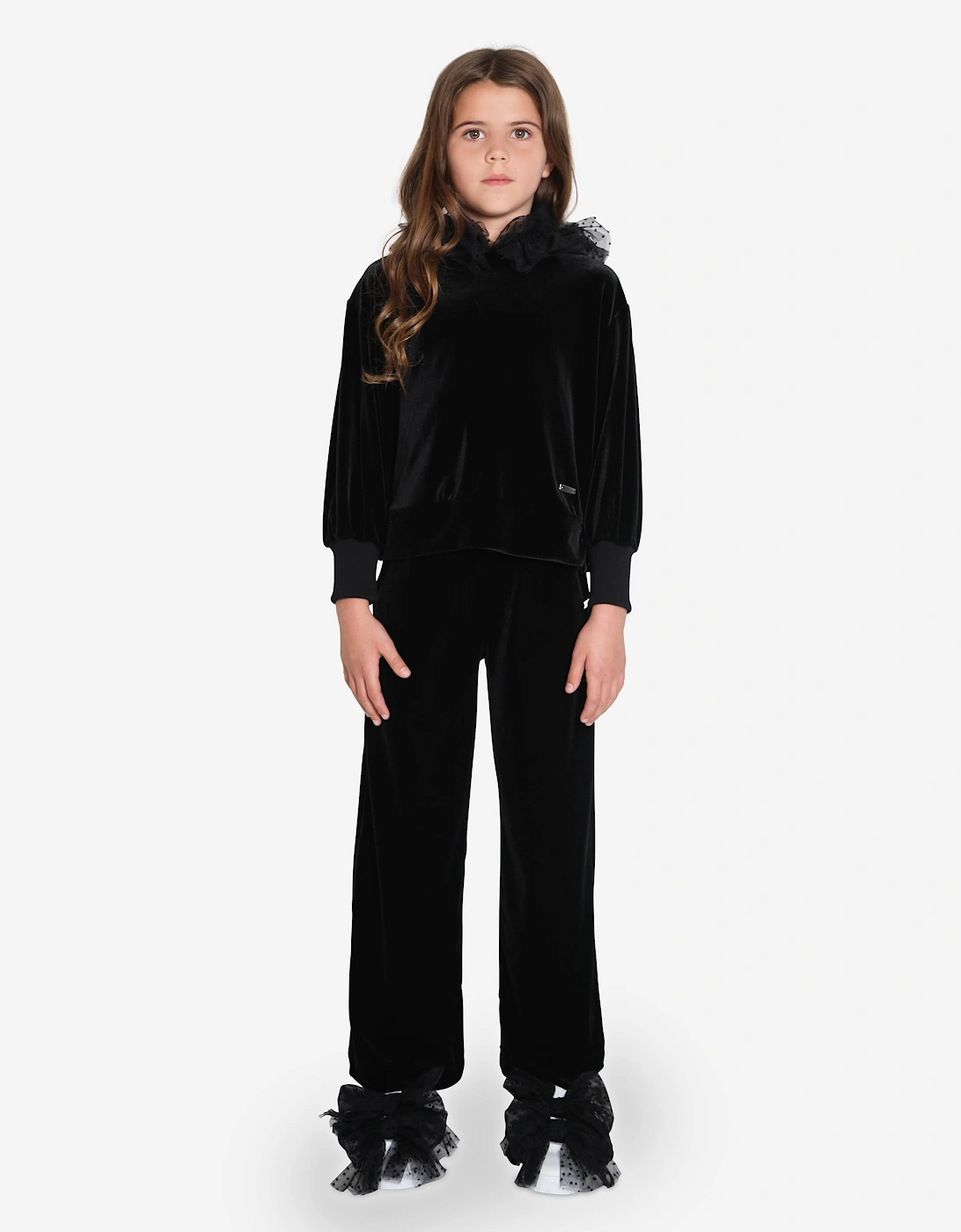 Girls Velvet Tulle Hoodie in Black