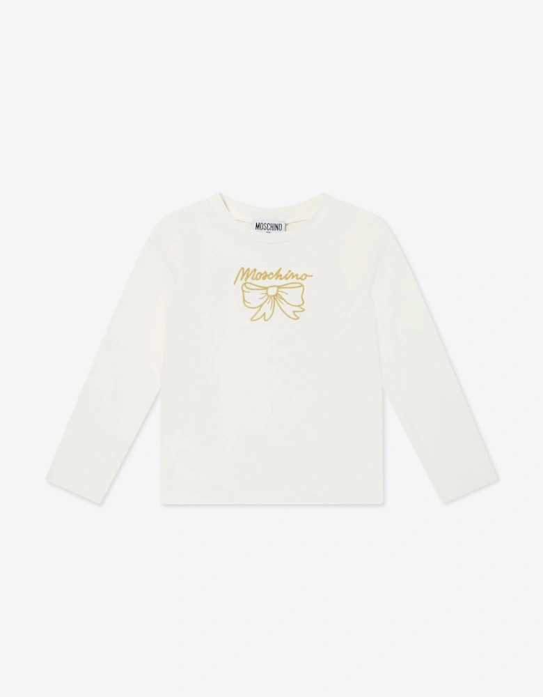 Girls Long Sleeve Bow T-Shirt in Ivory