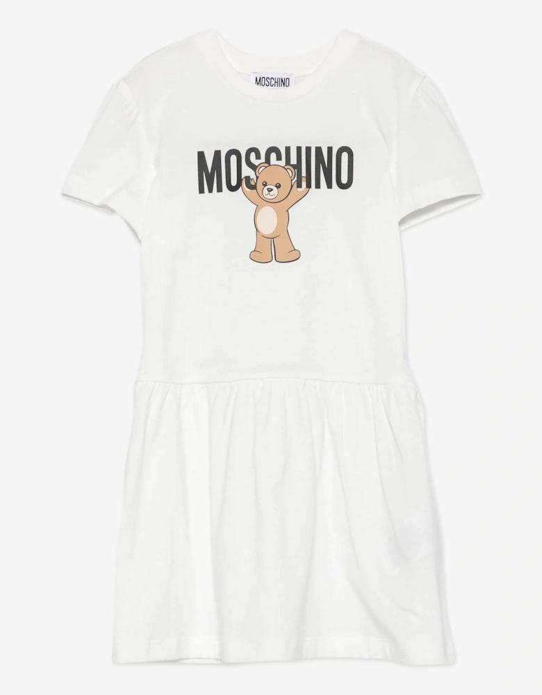 Girls Teddy Bear Logo Dress in Ivory