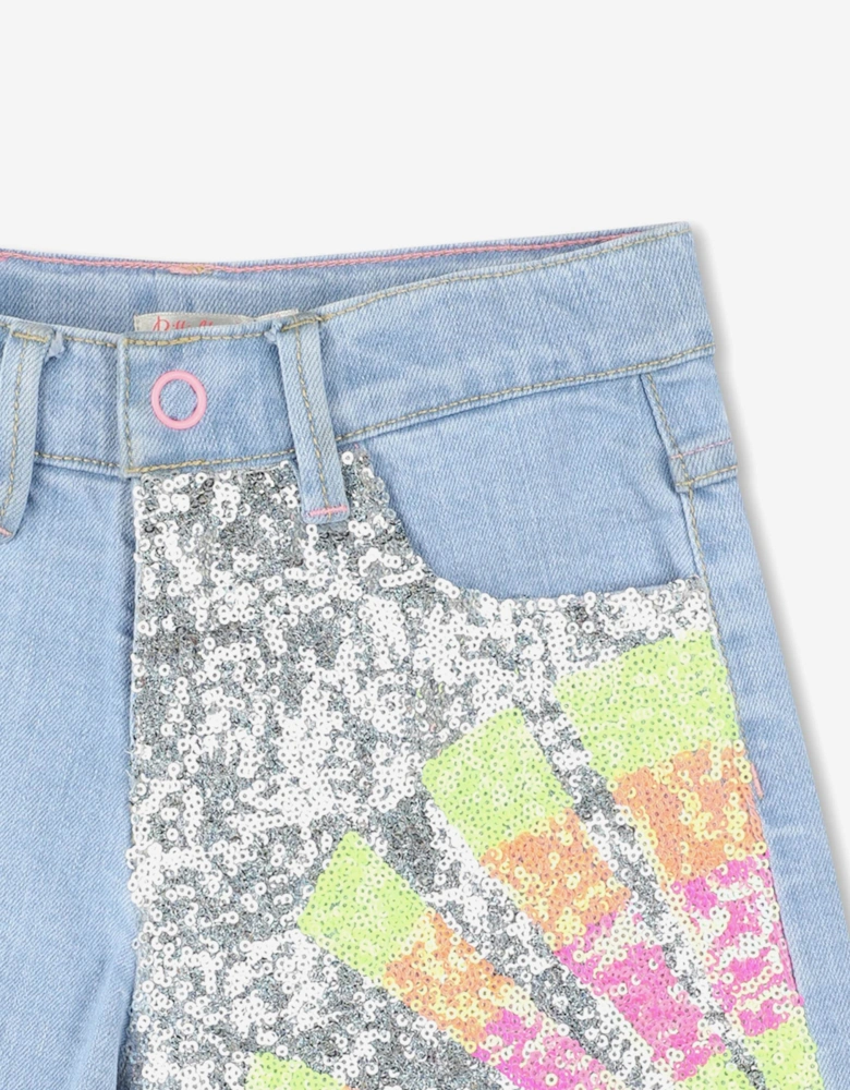 Billieblush Girls Sequin Denim Shorts in Blue