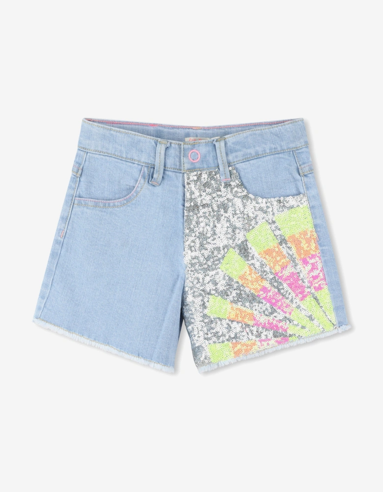 Billieblush Girls Sequin Denim Shorts in Blue