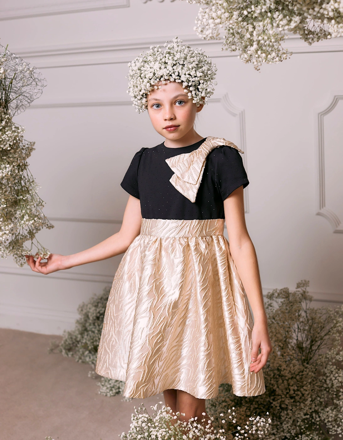 Girls Jaquard Bow Party Dress in Gold