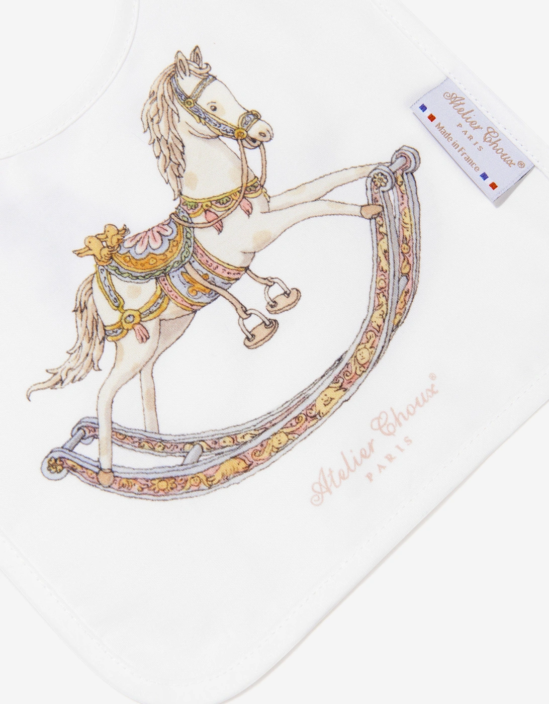 Baby Rocking Horse Satin Bib in White