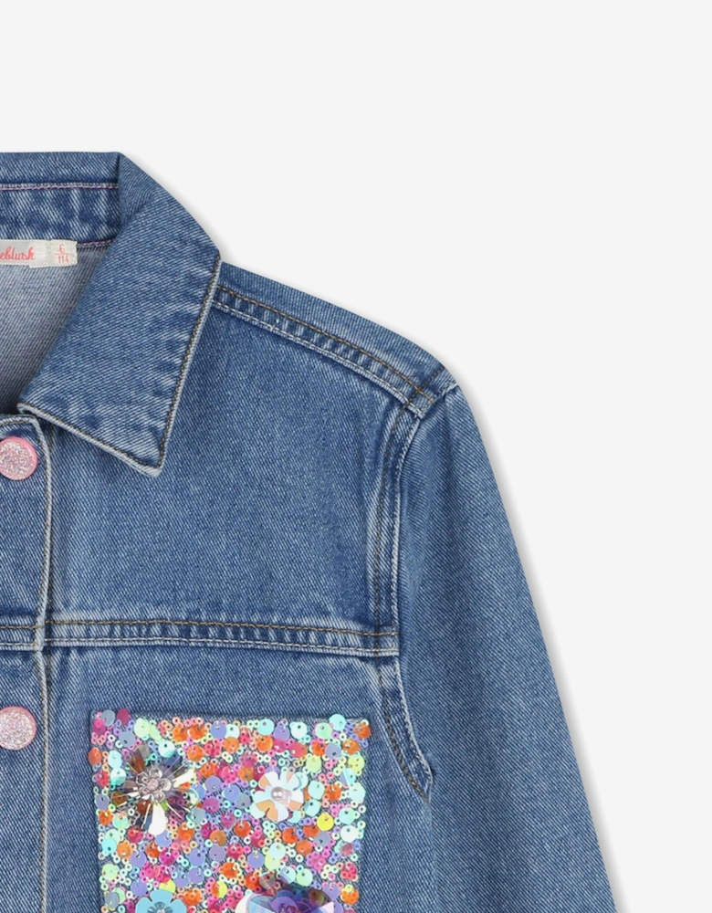 Billieblush Girls Sequin Pocket Denim Jacket in Blue