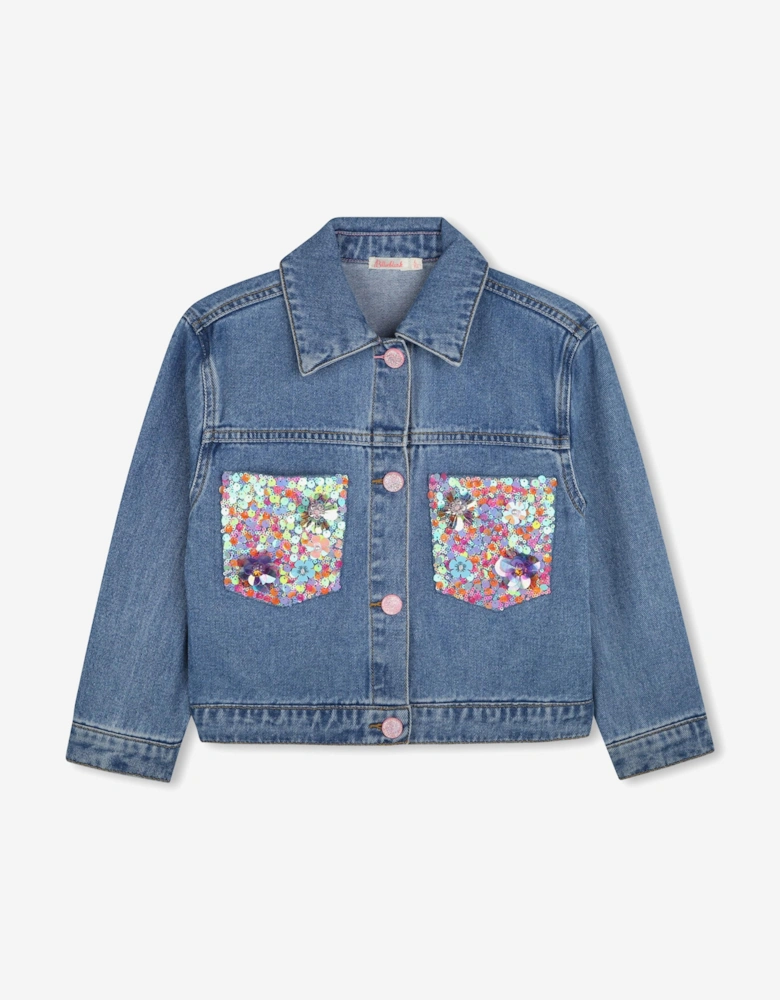 Billieblush Girls Sequin Pocket Denim Jacket in Blue