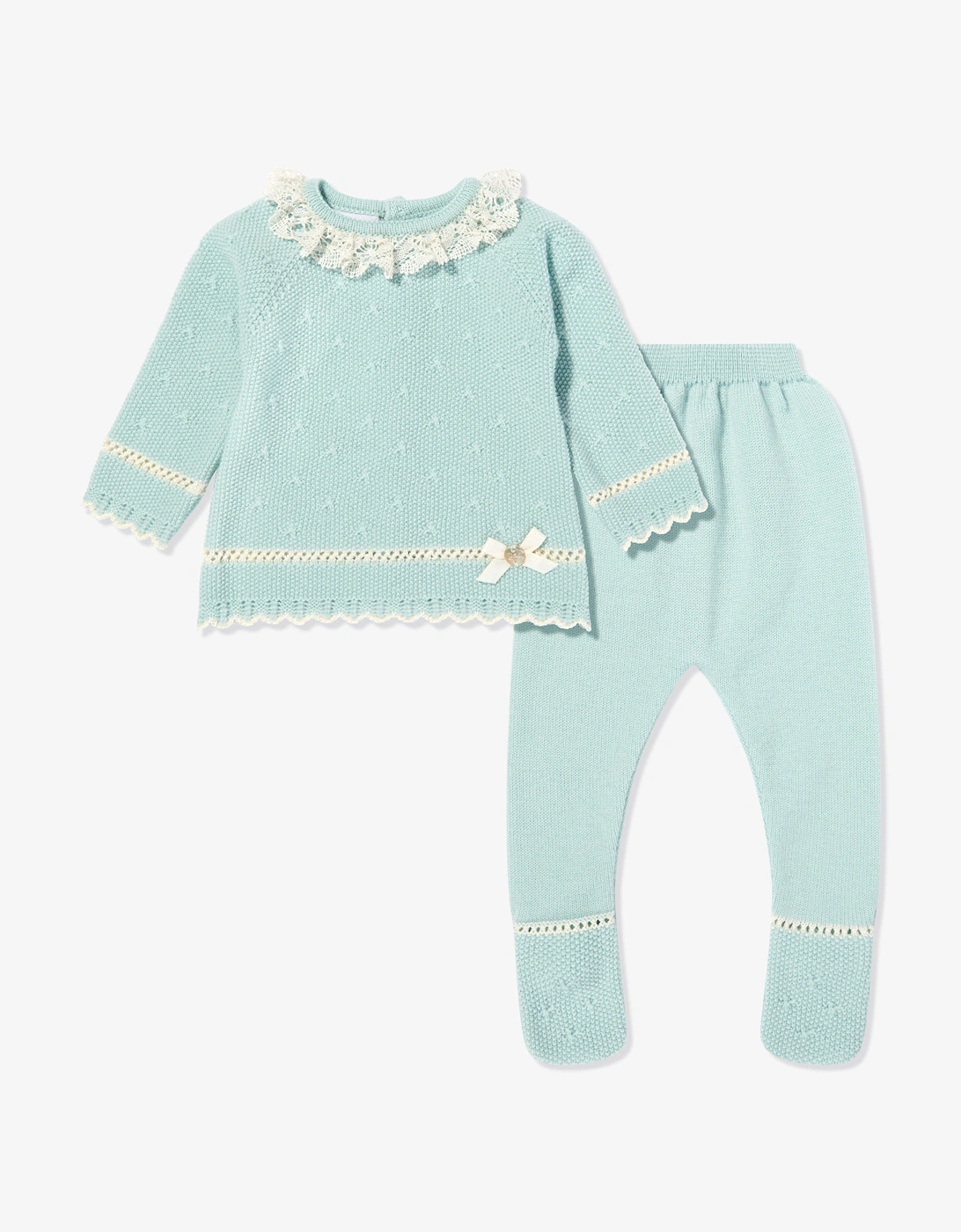Baby Girls Knitted 2 Piece Babygrow Set in Green, 6 of 5