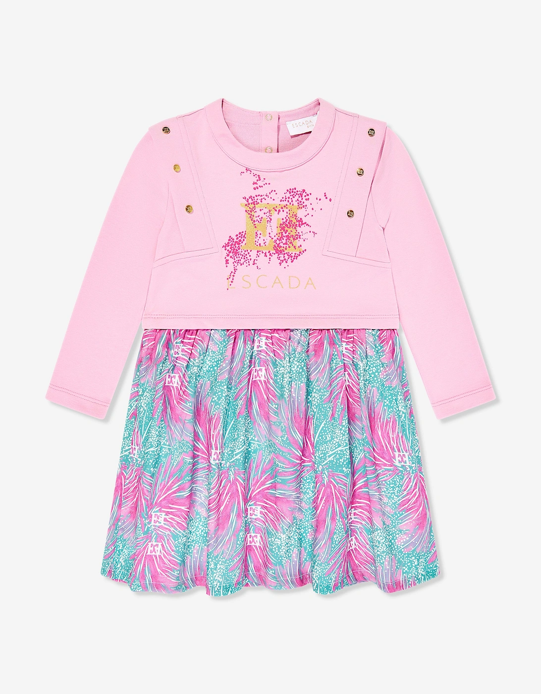 Girls Bi-material Printed Logo Dress in Pink, 5 of 4